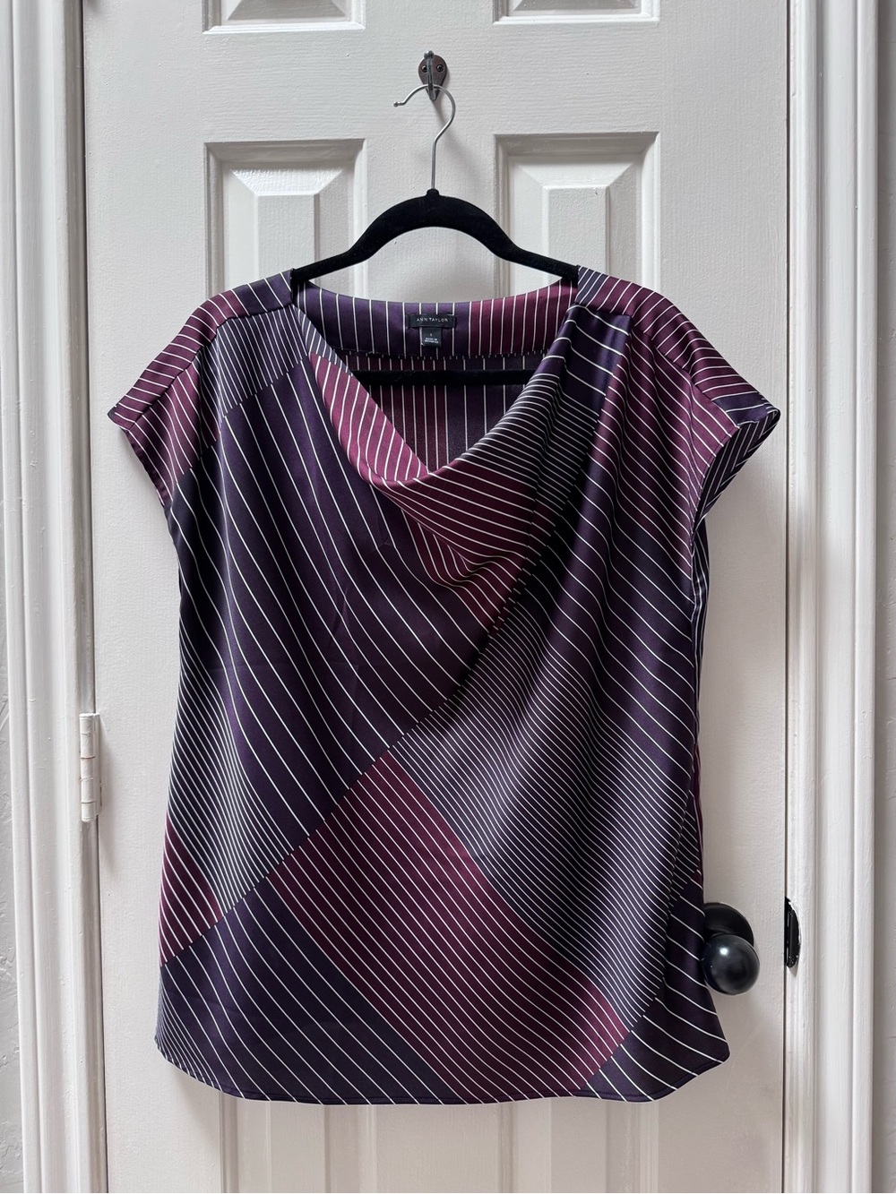 Ann Taylor L Satin Cowl Neck Blouse, Purple and Pink Striped Pattern